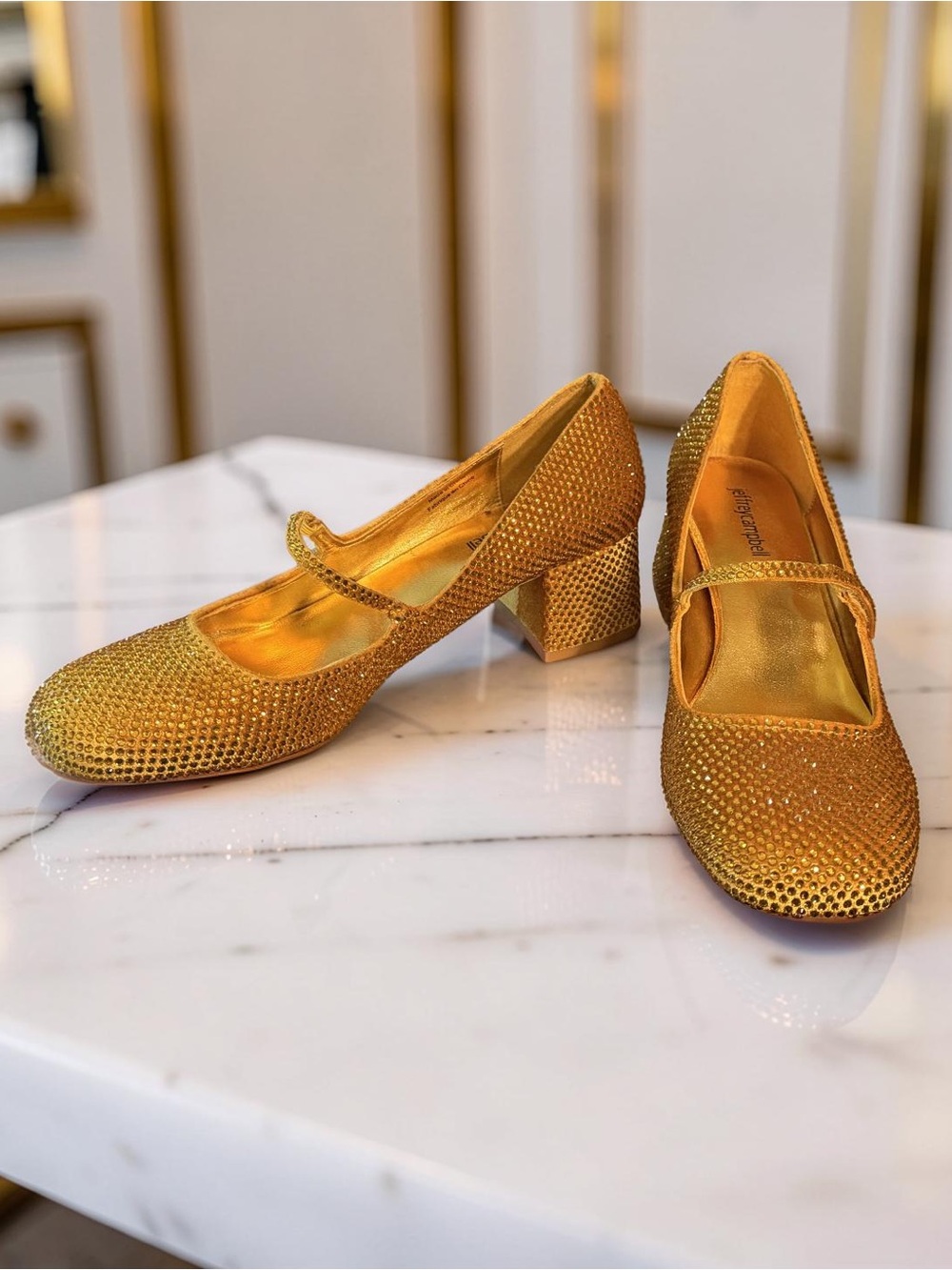 Jeffrey Campbell  NWT Sz 9M Gold Rhinestone Mary Jane Chunky Heel Pumps  (SH390)
